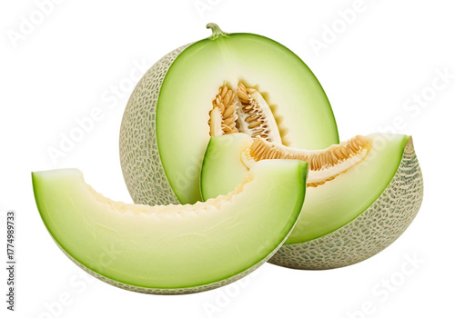 Fresh honeydew melon cut into slices isolated on transparent background