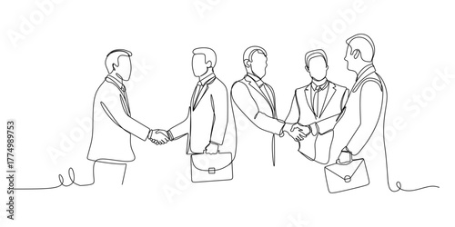 Continuous one line drawing  business partners  clients shaking hands  concluding a deal  an agreement. Business concept. Editable stroke. Doodle vector illustration
