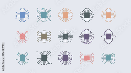 Assortment of colorful, stylized icons representing computer microchips and processors, with visible pins and circuits, on a light gray backdrop