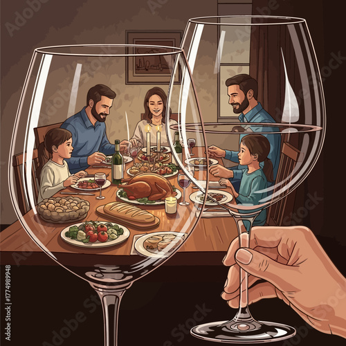 A heartwarming family gathering captured within wine glasses, celebrating a traditional Thanksgiving dinner with gratitude and togetherness