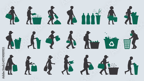 Silhouettes of people recycling and disposing of waste, with various bins and bottles, on a grey background