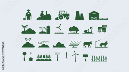 Green silhouette icons representing agriculture and farming, including farmers, tractors, barns, windmills, solar panels, crops, and farm animals