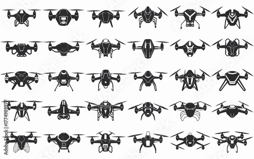 A comprehensive collection of drone icons showcasing different models and designs for aerial technology and surveillance