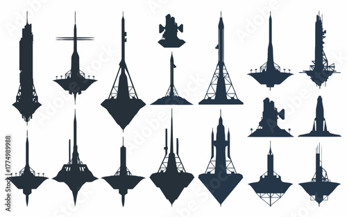Collection of futuristic rocket ships and space stations