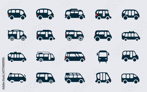 Set of diverse van and minibus icons, showcasing various types of vehicles for transportation and travel