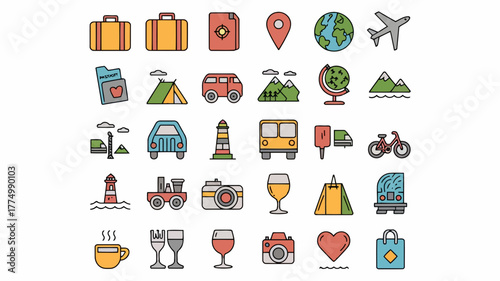Assortment of travel and transportation icons, including luggage, passport, map, globe, car, train, lighthouse, and camera