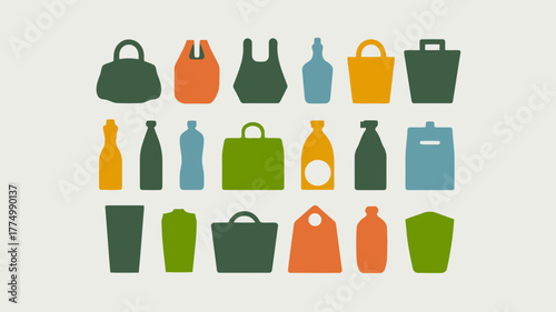 Assortment of flat icons depicting various types of bags and bottles, including shopping bags, plastic bags, and drink bottles, in a palette of green, orange, and blue
