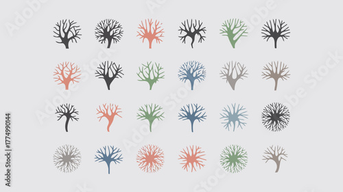 A collection of stylized, minimalist tree icons in various colors and forms, showcasing different branch structures and densities against a neutral background