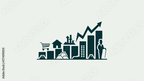 Business growth concept with icons of buildings, shopping cart, and a man with a cane, representing economic progress and development