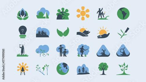 Collection of ecofriendly and naturethemed icons representing sustainability, renewable energy, and environmental protection, including trees, leaves, earth, and families