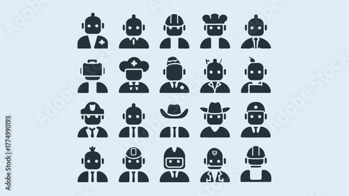 Collection of diverse professional icons, depicting various job roles and occupations, including robots and humans in different uniforms and hats