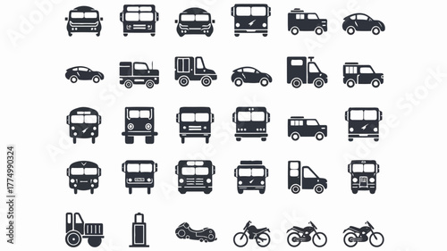 Diverse collection of vehicle icons, including cars, buses, trucks, motorcycles, and a delivery van, representing various modes of transportation and logistics