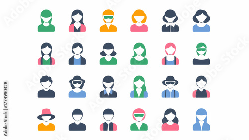 Diverse collection of user profile icons in various colors, representing different genders, hairstyles, and headwear, suitable for avatars