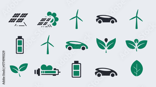 Set of icons representing renewable energy and sustainability, featuring solar panels, wind turbines, electric cars, batteries, and green leaves