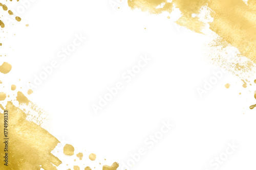Abstract golden brush strokes and splatters creating a textured frame around a central black copy space isolated on transparent background