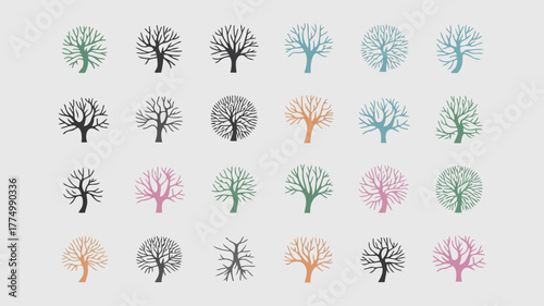 Assortment of stylized tree icons in various colors and forms, depicting bare branches without leaves