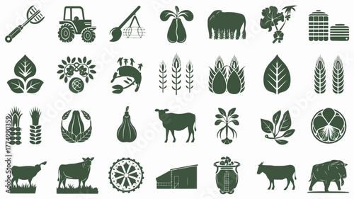 Green agricultural icons representing farming, livestock, and crops, including tractors, cows, wheat, and plants, ideal for food industry and organic product branding