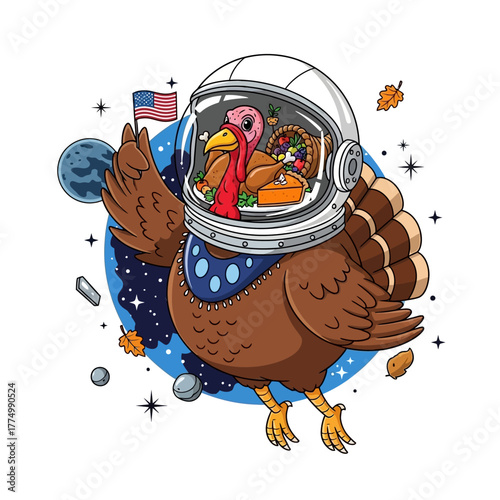 A festive Thanksgiving dinner and family gathering in space, celebrating Thanksgiving with a unique cosmic twist