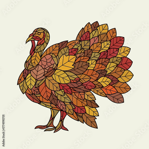 A whimsical illustration of a turkey made of autumn leaves, perfect for your Thanksgiving dinner and family gathering, celebrating the spirit of Thanksgiving