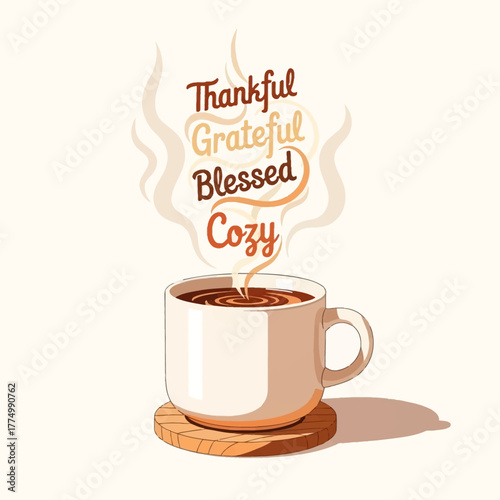 A thankful and grateful coffee mug illustration for a cozy thanksgiving dinner and family gathering, celebrating the thanksgiving holiday spirit
