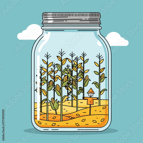 A whimsical illustration of a cornfield in a jar, symbolizing the bounty of Thanksgiving dinner, family gathering, and the spirit of Thanksgiving