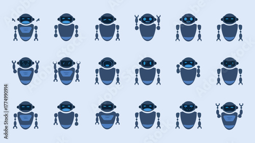 A collection of various blue robot icons with different designs and poses, set against a light blue background