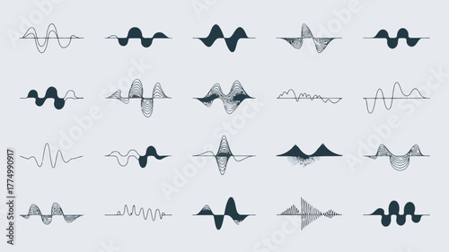 Collection of various sound wave forms and audio signals, representing different types of sound and music, in a graphic illustration