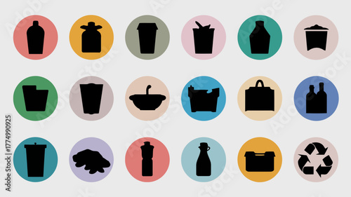 A vibrant collection of silhouette icons representing various containers and objects, each set within a colorful circular background