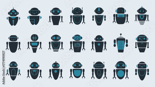 A diverse array of robot icons showcasing different styles and functionalities, presented on a pale blue backdrop
