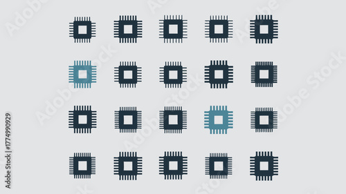 Array of microchip processors, with some highlighted in blue, on a neutral gray background, representing technology and data