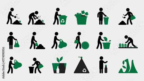 Collection of pictograms depicting various ecofriendly actions such as planting, recycling, waste management, and composting, promoting environmental consciousness and sustainability