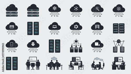 A diverse array of icons illustrating cloud computing, data storage, networking, and teamwork in a modern office environment, representing digital technology and collaboration