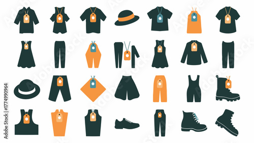 Collection of clothing items with price tags, including shirts, dresses, pants, hats, and shoes, displayed on a