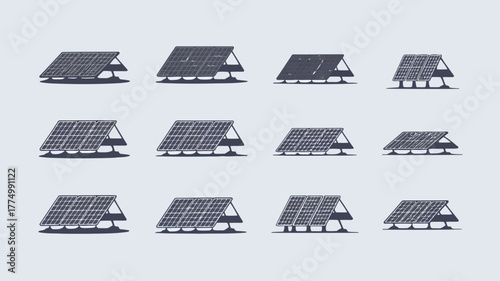 Collection of solar panel installations in various configurations, showcasing different angles and support structures against a neutral background