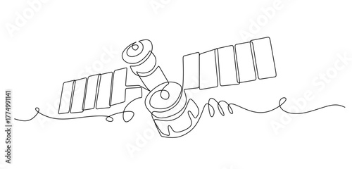 Continuous line drawing of an outer space satellite  showing simple orbit communication. Minimal outline style. Satellite isolated on a white background in a flat vector style