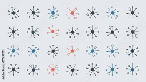 Abstract representation of molecular structures or network connections, depicted as small, starlike shapes in various colors and arrangements