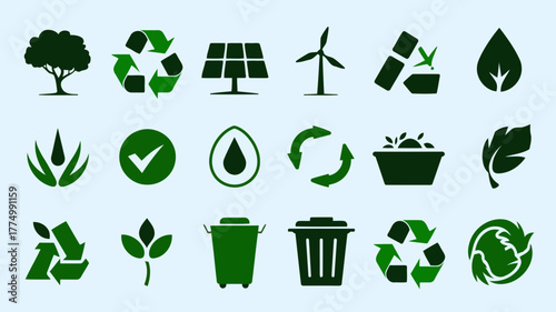 Collection of green ecofriendly icons representing sustainability, recycling, renewable energy, and nature conservation