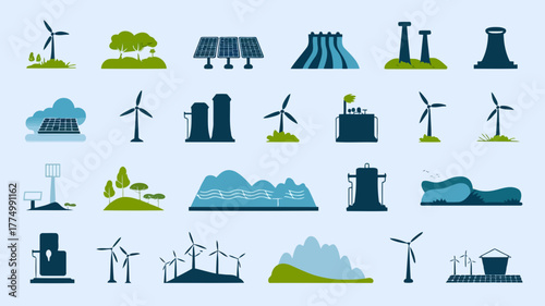 A collection of diverse renewable energy and industrial icons, including wind turbines, solar panels, power plants, and water waves, representing sustainable power generation and industry