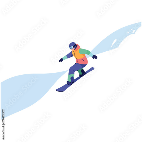 A person snowboarding down a snowy slope, wearing colorful winter sports attire and goggles.