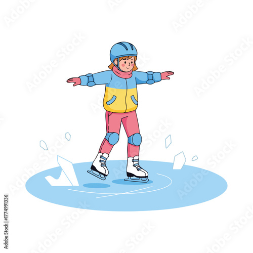 A young girl ice skating on a frozen pond, wearing protective gear and a helmet, enjoying winter activities.