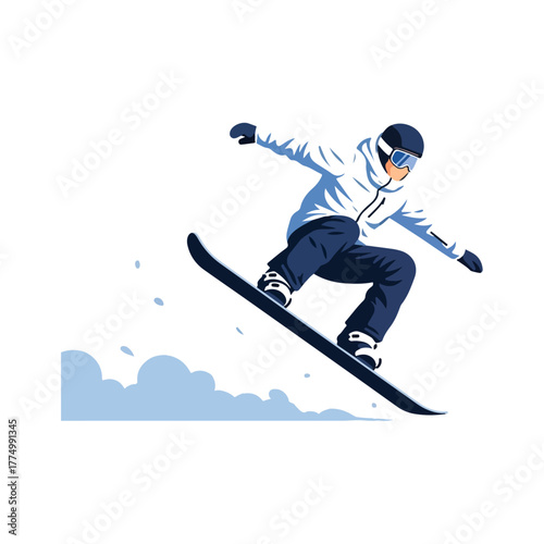 A snowboarder in mid-air performing a trick with snow spraying from the jump.