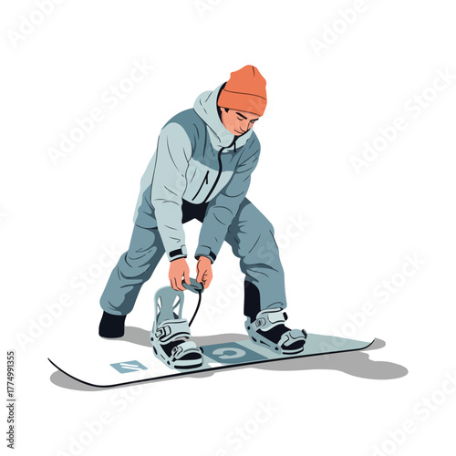 A person in winter gear is adjusting the bindings on a snowboard, preparing for the slopes.