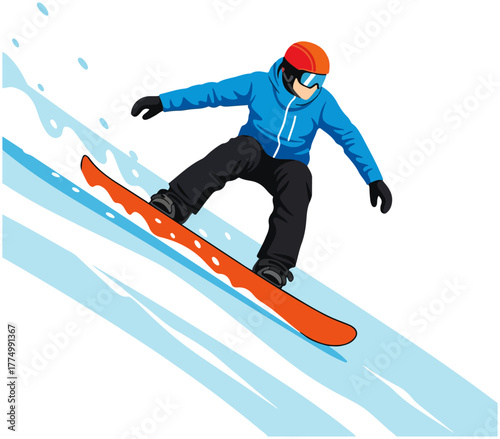 A snowboarder in a blue jacket and orange helmet carves down a snowy slope.