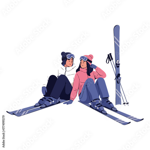 Two young women in colorful ski outfits and goggles sitting on the snow, taking a break from skiing.