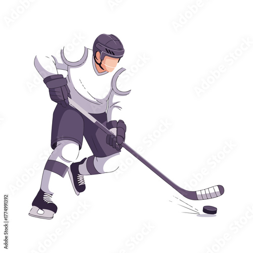 A dynamic illustration of a hockey player in action, skillfully maneuvering a puck on the ice.