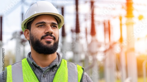 Worker in hard hat and safety vest, at power plant with electrical equipment, front view, copy space