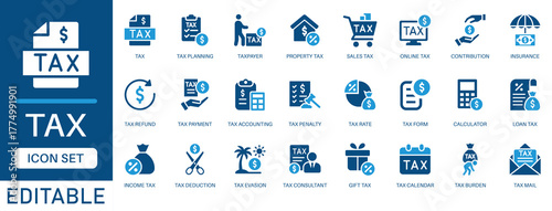 Tax icon set. featuring income tax, tax refund, tax deduction, payment, tax accounting, calculator, taxpayer, tax mail, property tax, taxation and more. perfect flat Vector icon collection.