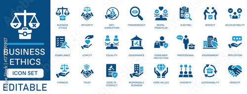 Business ethics icon set. featuring Compliance, fairness, integrity, loyalty, trust, equality, code of conduct, Core Values, honesty, anti corruption, transparency, Respect, and more.