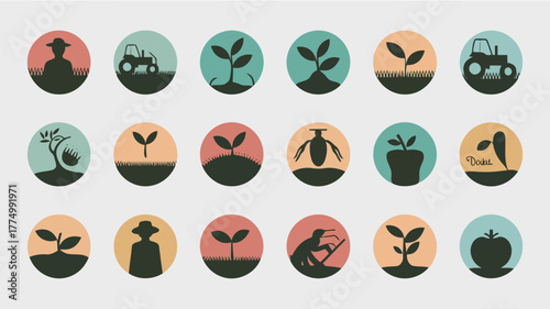 A grid of circular icons depicting farming and agriculture themes, including farmers, tractors, seedlings, plants, trees, and tools, with a warm, muted color palette