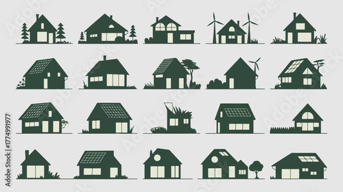 Diverse collection of house silhouettes, showcasing various architectural styles and ecofriendly features like solar panels and wind turbines